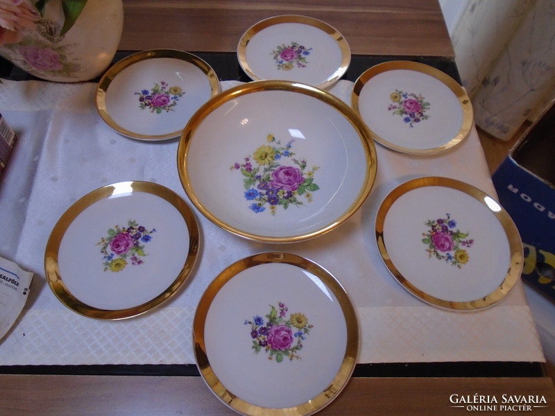 Nice old bohemian rose pattern hand painted porcelain serving bowl with 6 plates
