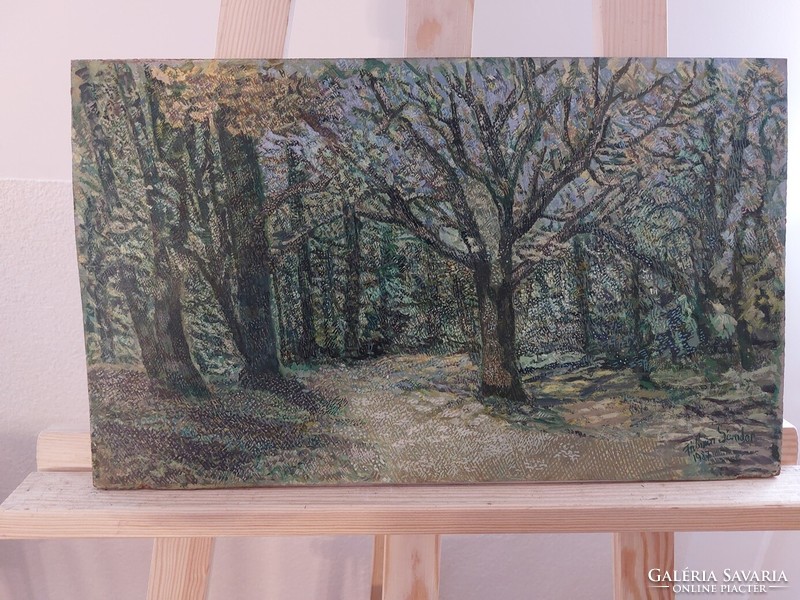(K) Érdekes technikával megfestett erdő festmény Fábián szignóval 43x26 cm