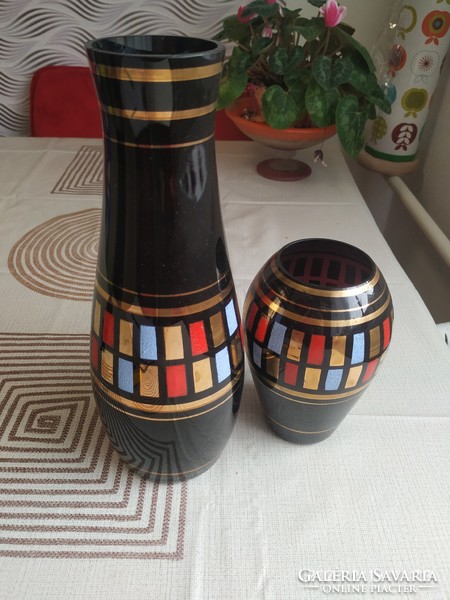 Rare, beautiful, black glass vase decorated with gold for sale! 2 pcs