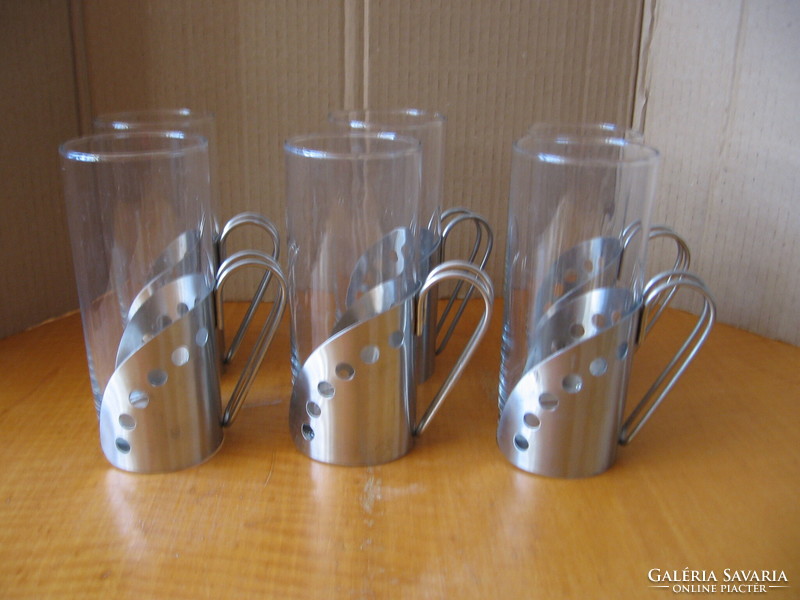 Retro drinking glass latte, tea, soft drink set in polka dot stainless steel holder, 6 pcs.