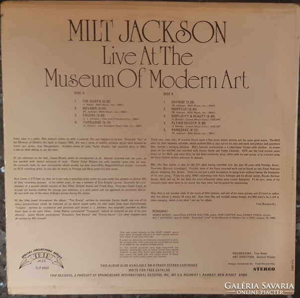 MILT JACKSON : LIVE AT THE MUSEUM OF MODERN ART 1965  -   JAZZ LP  BAKELIT LEMEZ  VINYL