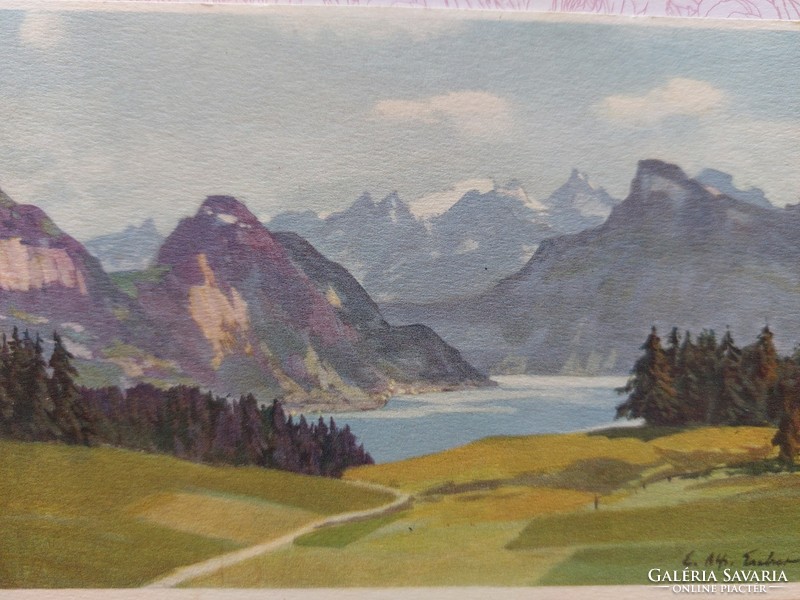 Old postcard art postcard landscape lake mountains
