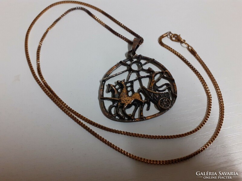 Retro bronze industrial art thick long necklace with a scene pendant with an openwork pattern on it