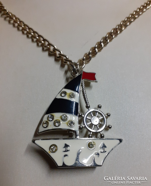 Retro necklace with fire enamel sailing ship pendant studded with sparkling stones