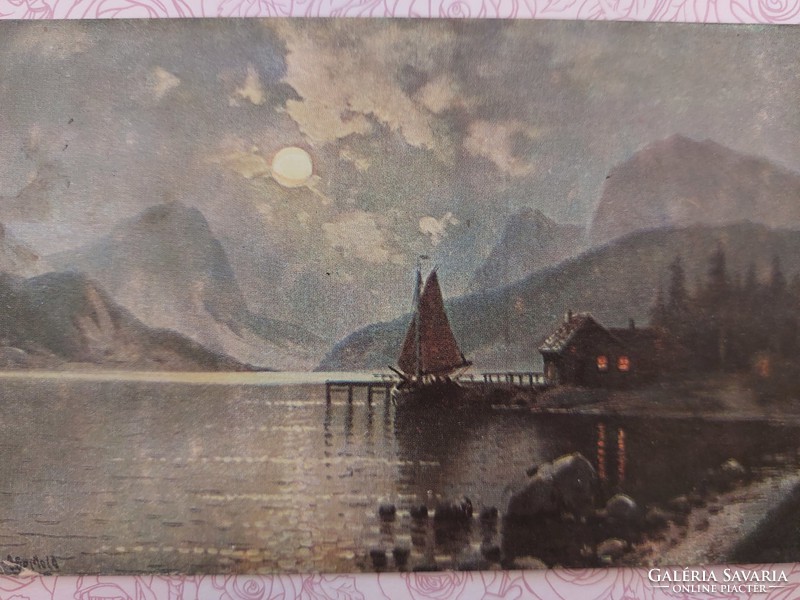 Régi képeslap 1912 levelezőlap tájkép hajó