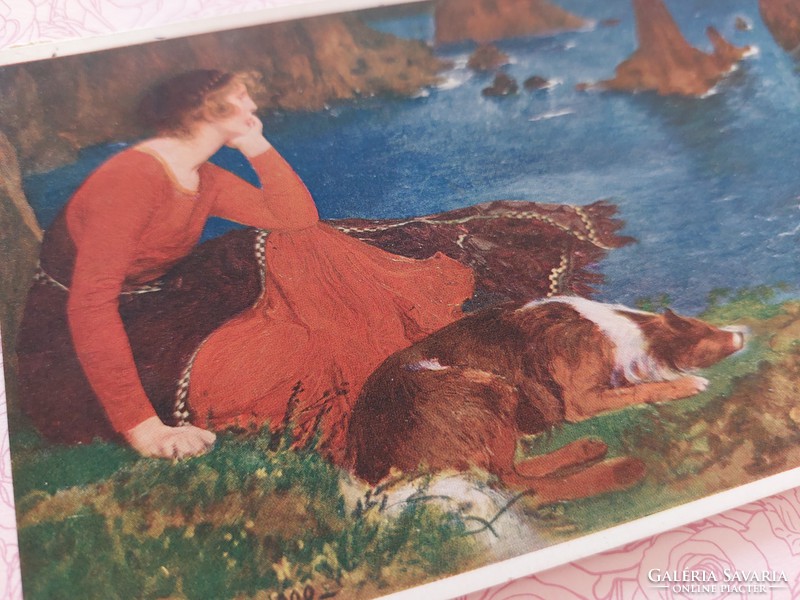 Régi képeslap 1915 művészeti levelezőlap hölgy kutya