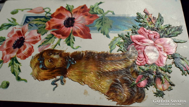 Antik szecessziós  művészi litho képeslap  valódi dekupázs  pipacs masnis kutya rózsák