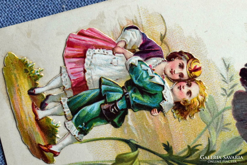 Antik Guillot  művész litho képeslap  árvácska valódi dekupázs  gyerekek