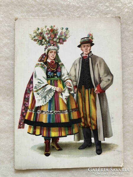 Régi grafikus  lengyel - Lowicz-i esküvői népviseleti ruhás képeslap  -                        -3.