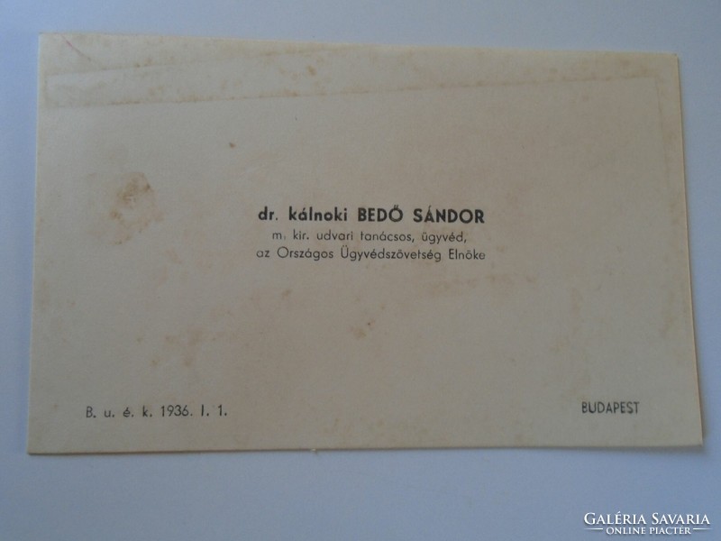 ZA418.8 Dr. kálnoki Bedő Sándor az Országos Ügyvédszövetség elnöke  névjegykártya 1930's