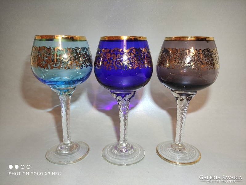 Colorful crystal glass with gold decoration, 3 pieces together at a reasonable price, a handcrafted product