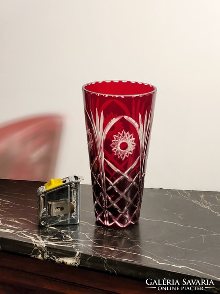 Csiszolt Bíborvörös Kristályváza 20cm -- ólomkristály váza bíbor vörös piros bordó