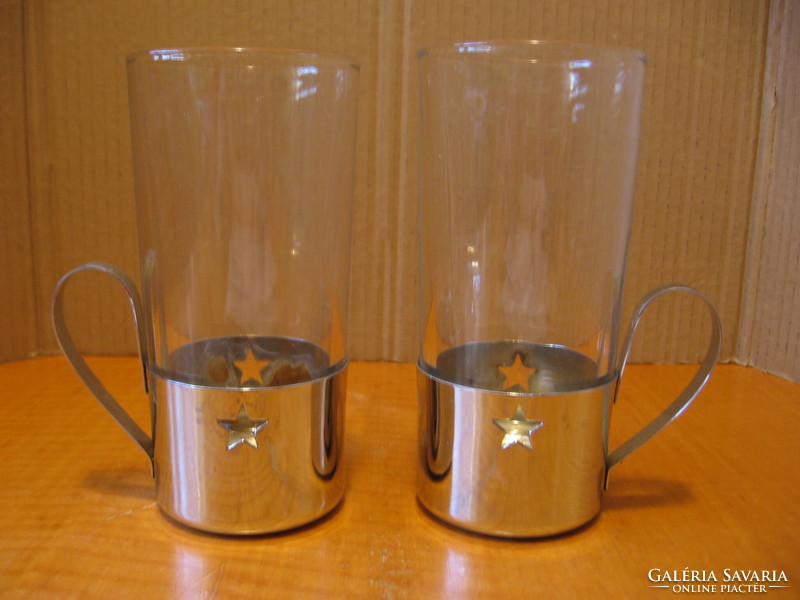 Retro glass Irish coffee cup with a pair of stars in a stainless steel holder