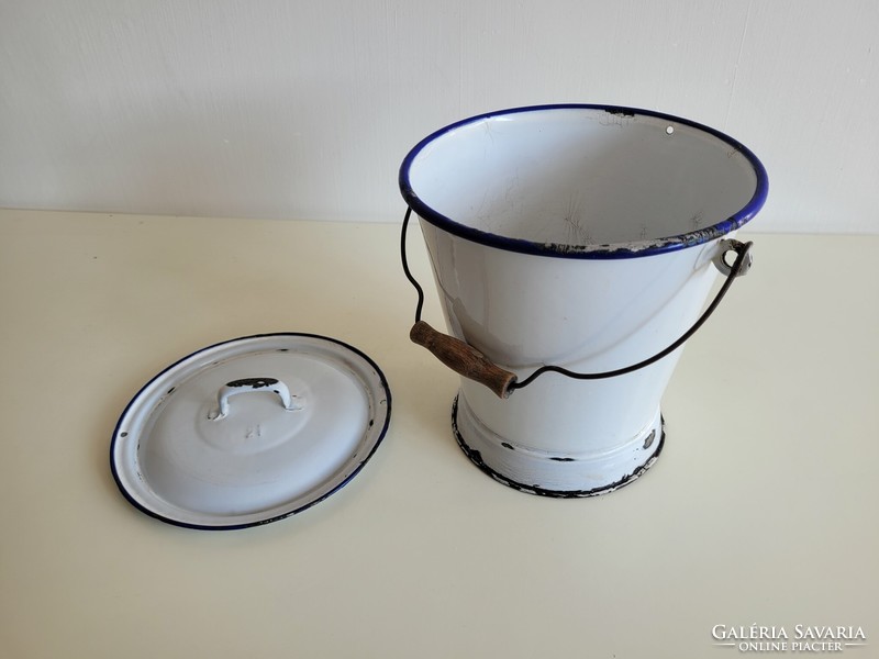 Old blue white enamel wm ladle with lid milk bucket milking bucket enameled Weiss Manfred dish
