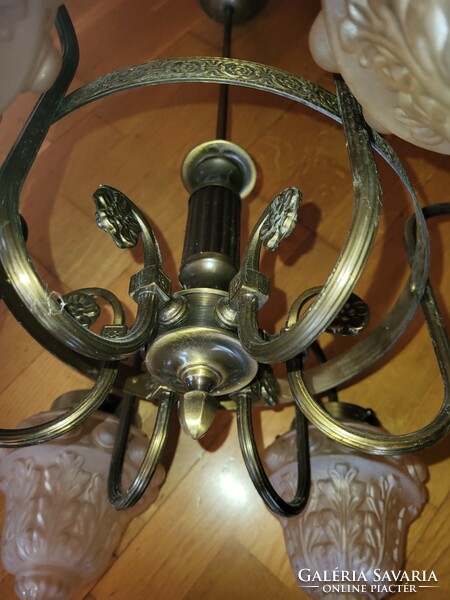 6-arm copper chandelier with glass shade, + 1 plus shade