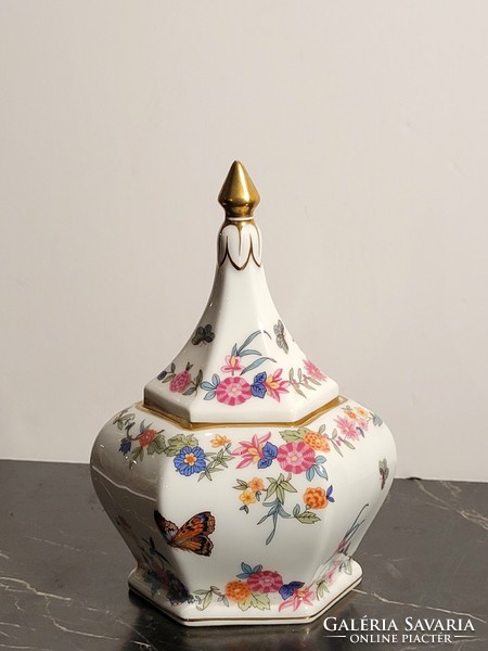 Cseh Bohemia Pagoda Tetős Bonbonier 12x17cm doboz virágmintás lepkés pillangós virágos porcelán