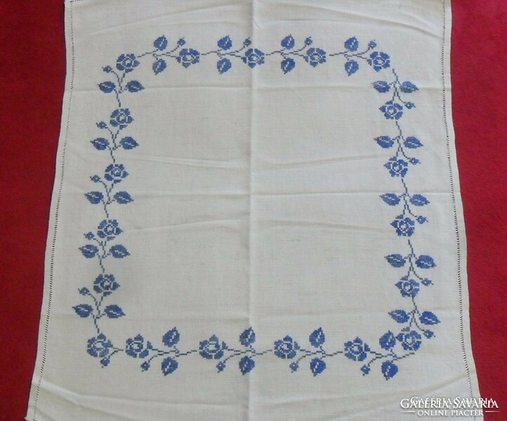 Old, embroidered, azure, linen tablecloth (63 x 56cm)