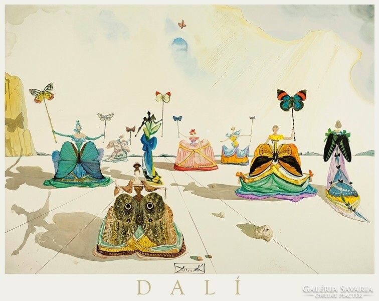 Salvador Dalí Hölgyek és pillangók, művészeti plakát, szürrealista lepke női alak ruha természet