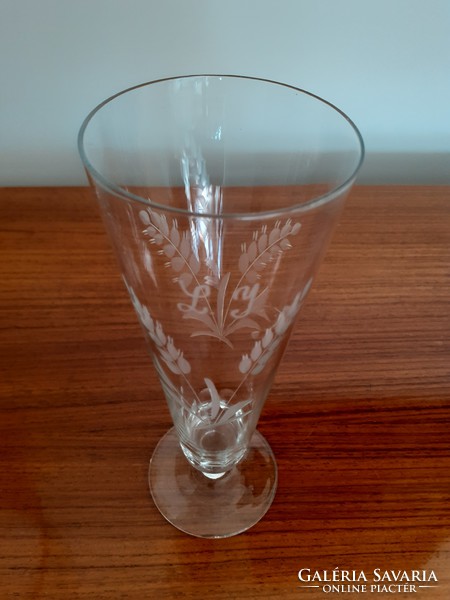 Old glass cup l i monogrammed wheat ears polished patterned stemmed glass