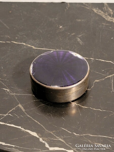 Antique enameled silver round box with gilded interior -- purple enamel selence powder