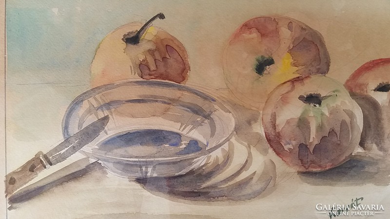 Akvarell gyümölcsös csendélet festmény 46 x 34 cm üvegezett kerettel