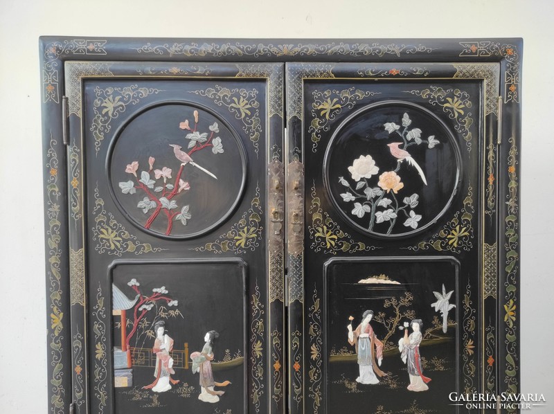 Antique Chinese furniture plant geisha bird grease stone convex inlaid painted black lacquer cabinet 725 6860