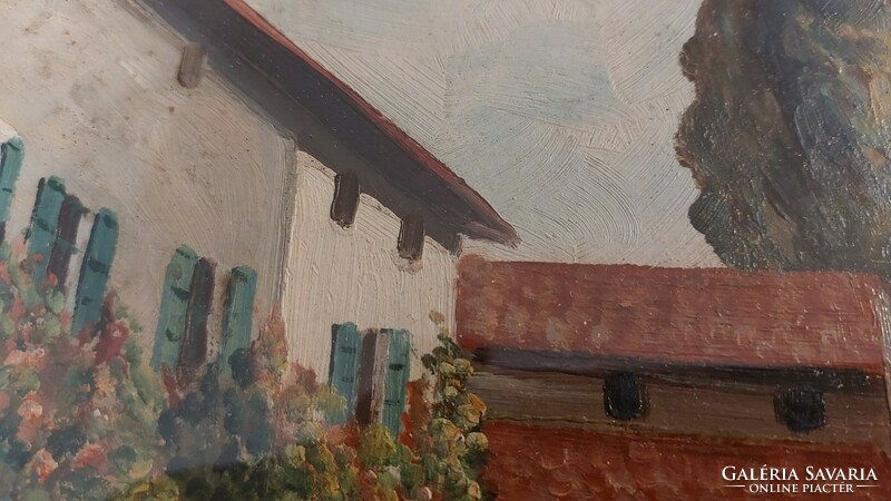 (K) Kis ház-udvar festmény 28x39 cm kerettel