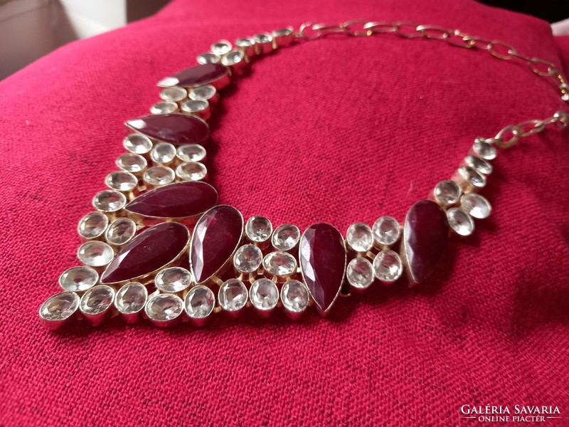 Silver necklace with blue mountain crystal and raw ruby gems! A real specialty!
