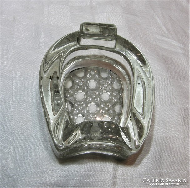 Horseshoe shaped heavy glass ashtray