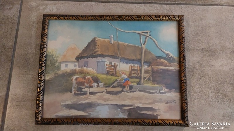 (K) beautiful farm life watercolor painting 34x26 cm with frame