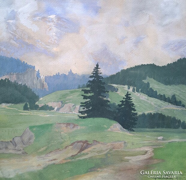 Régi tájkép fenyőfákkal - akvarell az 1930-as évekből (mérete kerettel 46x45 cm)