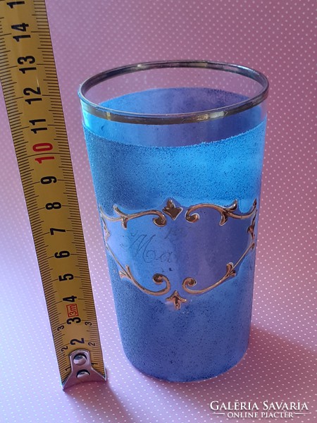 Antique glass cup 1926 Blue glass old decorative glass with gilded inscription