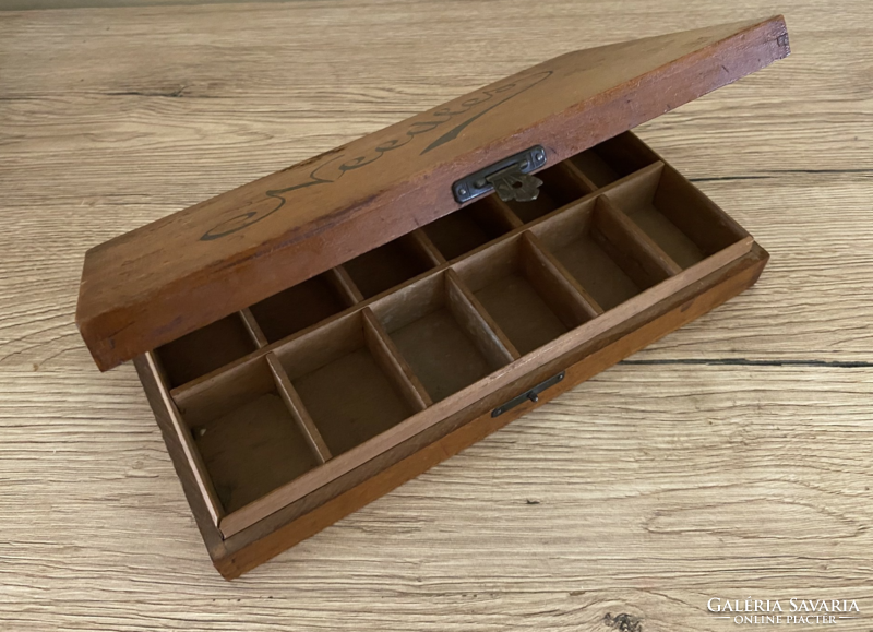 Needles - old wooden chest with thread holder, needle holder, button holder