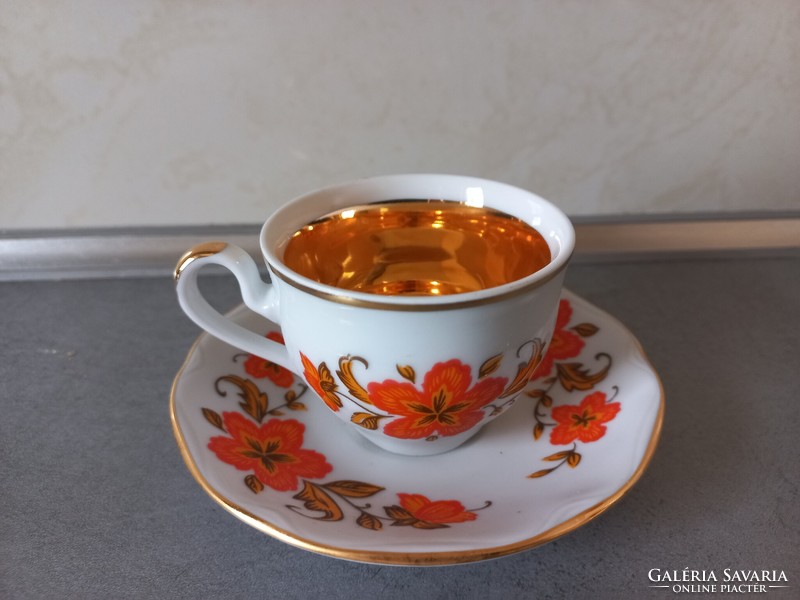 Bohémia Carlsbad dúsan aranyozott narancssárga virágos kávéskészlet