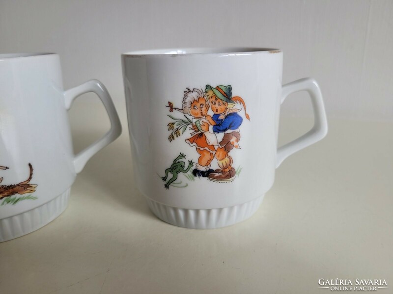 Old Zsolnay 3 pcs porcelain mug fairy pattern tea cup girl boy dog squirrel frog cricket butterfly
