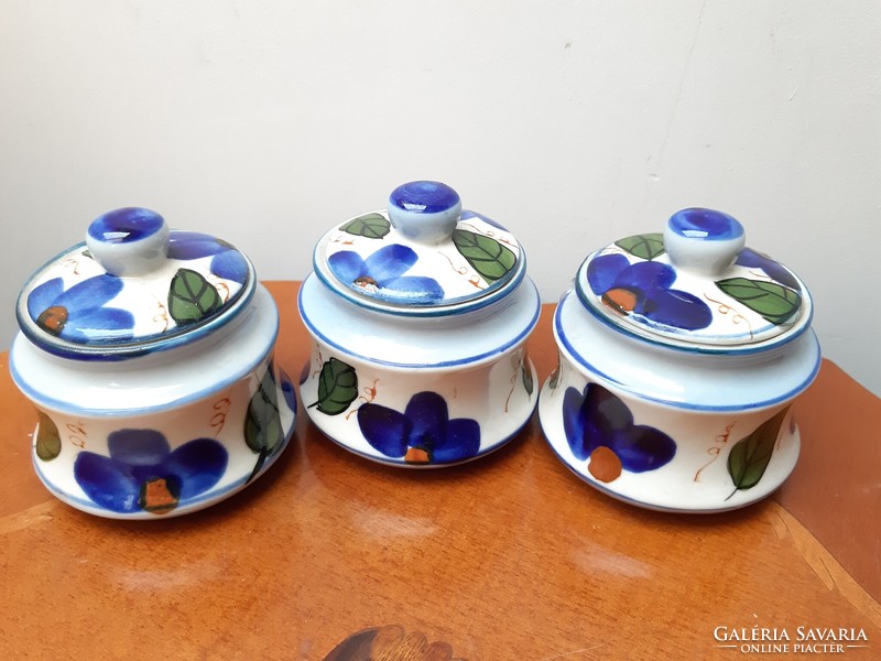 3 blue and white floral glazed spice jars with lids
