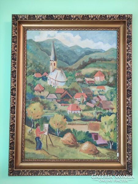 Landscape painter while creating, oil painting with an unusual perspective with a church and green hills, 1980