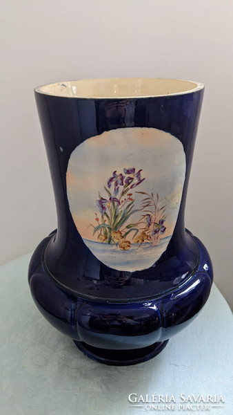 Ignatius Fisher porcelain vase, early, hand painted, cobalt blue, marked