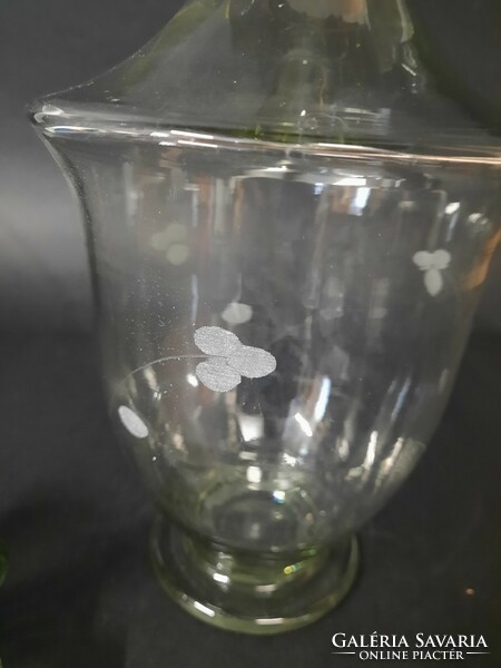 Beautiful special pale green polished patterned glass bottle, decanter, liqueur glass with stopper /440/