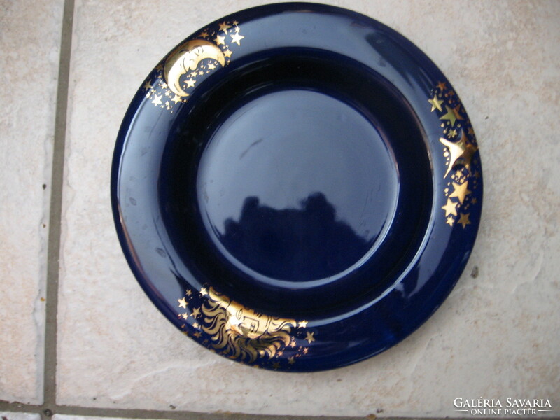 Gold sun, moon, stars cobalt blue bowl, plate, candle holder