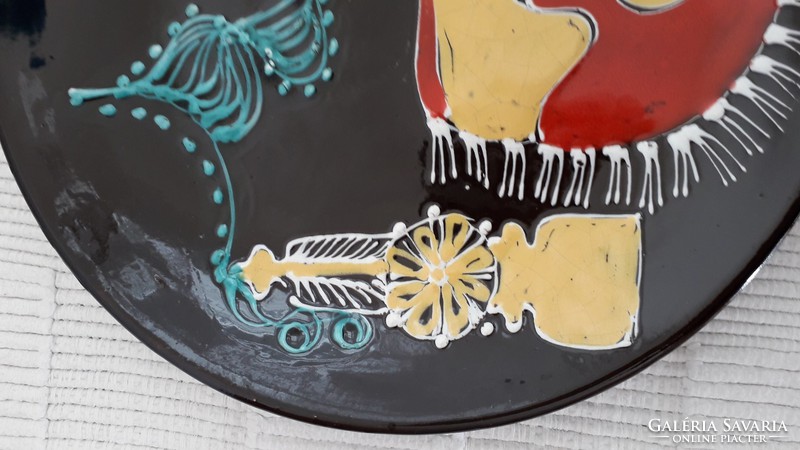 Retro mázas kerámia fali tányér absztrakt mintás régi falidísz 29 cm