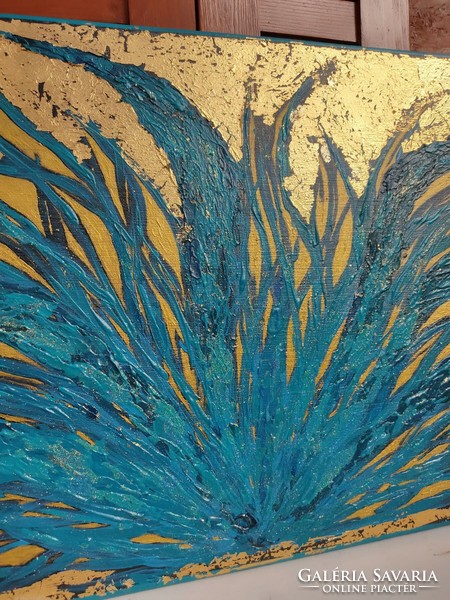 KarTü Art - FOTOSZINTÉZIS - türkiz, és arany színű absztrakt festmény
