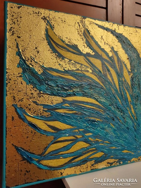 KarTü Art - FOTOSZINTÉZIS - türkiz, és arany színű absztrakt festmény