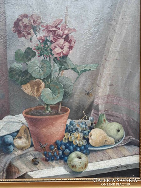 HANGULATOS! Dobay Ferenc(1867-?) muskátlis csendélet olaj vászon festmény