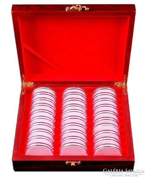 30 46 mm coin capsules, in a wooden box