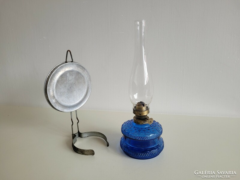 Régi vintage nagy méretű kék üveg petróleum lámpa fali asztali éjjeli lámpa