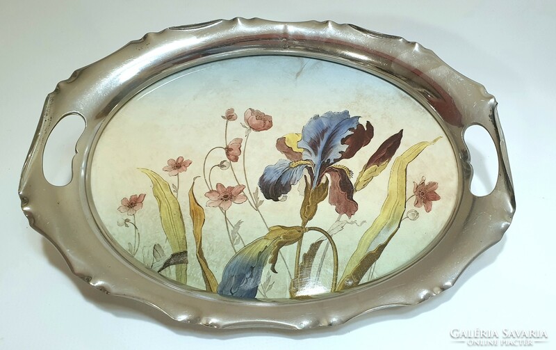 Wmf art nouveau, silver-plated, painted porcelain tray
