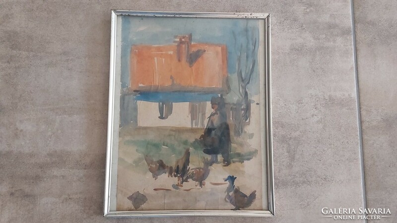 (K) Falusi, tanyasi udvar festmény 24x30 cm kerettel