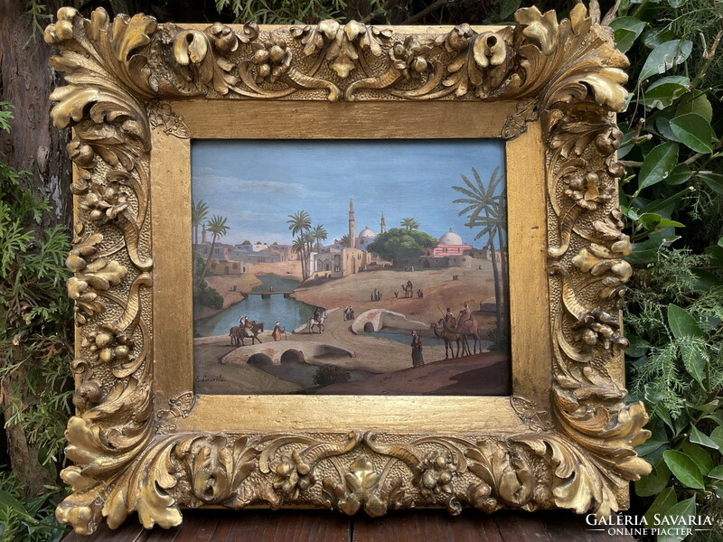 E. Lecomte: Arab still life with a river and palm trees