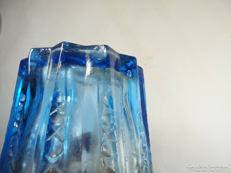 Retro old glass vase with blue convex pattern, 19 cm high